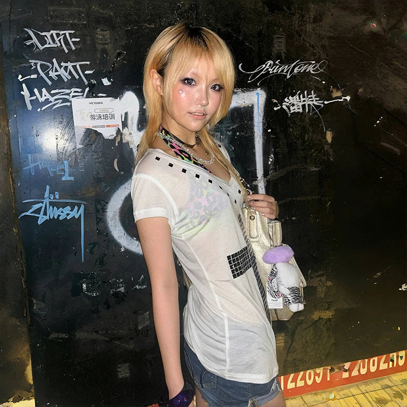 Karrram Japanese Y2k Metal Cross Print T-shirt Vintage Harajuku Short Sleeve Sheer Tops Trashy 2000s V-neck Streetwear Grunge - Matrix-studios.com