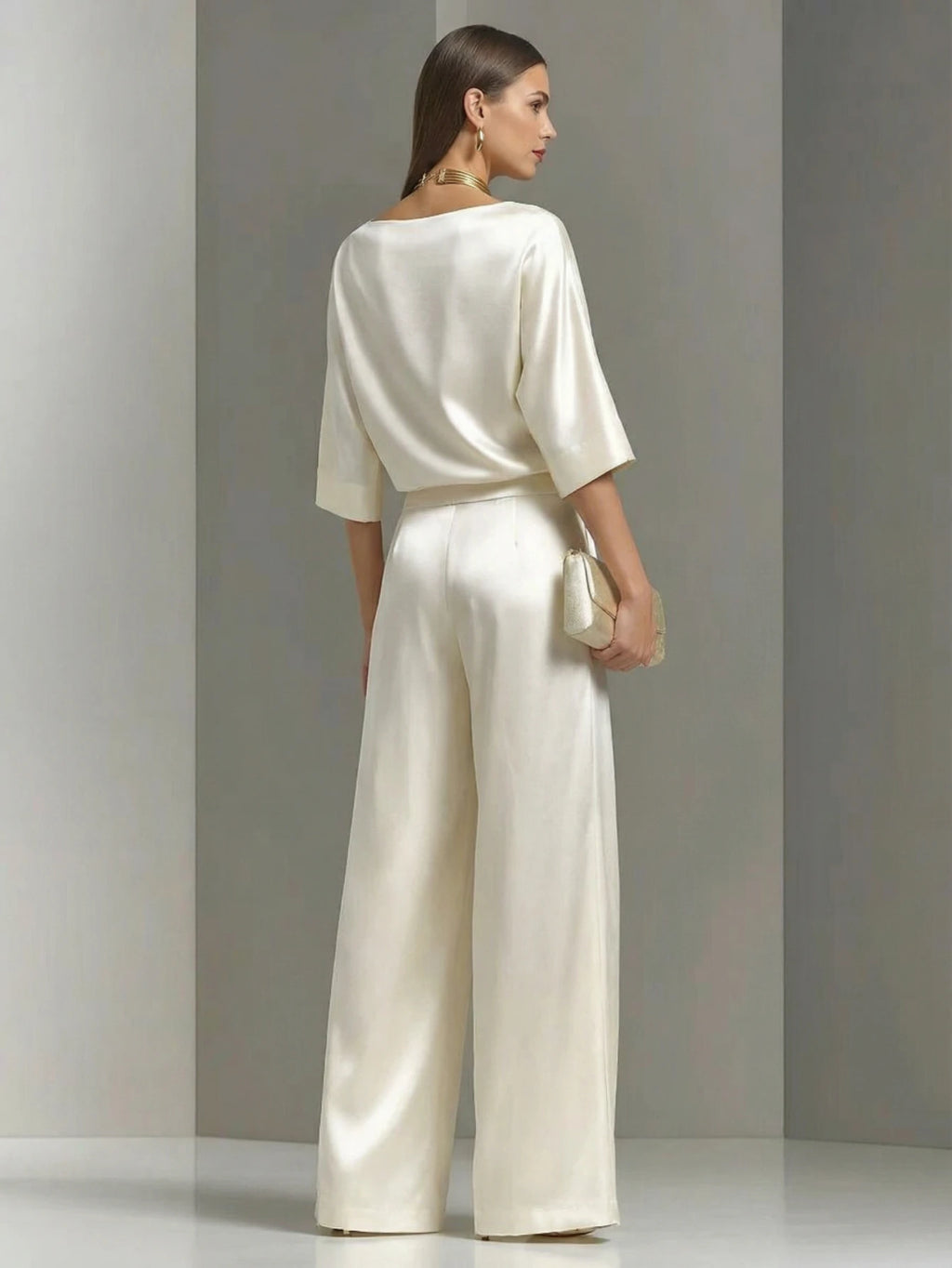 Draped Cowl Neck Half Sleeve Top And High Waist Wide Leg Pants Two Piece Outfit Set With Side Pockets Elegant Formal Matching Suit For Women - Matrix-studios.com