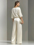 Draped Cowl Neck Half Sleeve Top And High Waist Wide Leg Pants Two Piece Outfit Set With Side Pockets Elegant Formal Matching Suit For Women - Matrix-studios.com