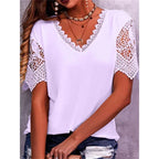 Spring Summer Women Shirts Elegant Hollow Out Lace Short Sleeve V-neck  Casual Chic Oversized Blouses Solid Color Streetwear Top - Matrix-studios.com