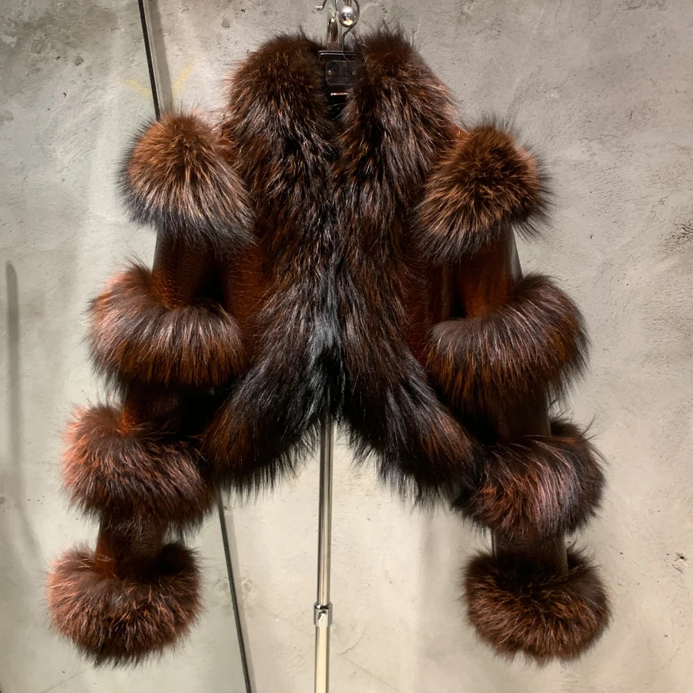 Fur Bomber Ladies New Fashion Jacket Crocdile Sheep Leather With Natural Fur 3573 - Matrix Studios