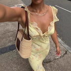 Summer Flower Printed Women's Sexy Low-cut Dress Sleeveless Backless Slim Sling Dresses 2025 Beach Vacation Lady Vestidos - Matrix-studios.com