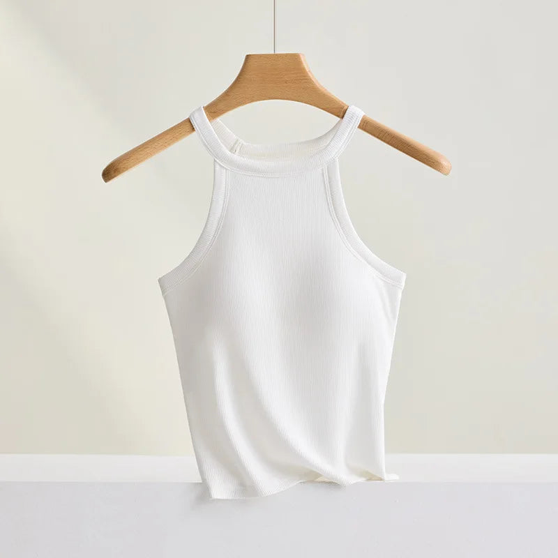 Threaded Halter Neck Camisole Top With Build-in Bra High Elastic Slim-fitting Sling Fixed Cup Breathable Women Underwear - Matrix-studios.com