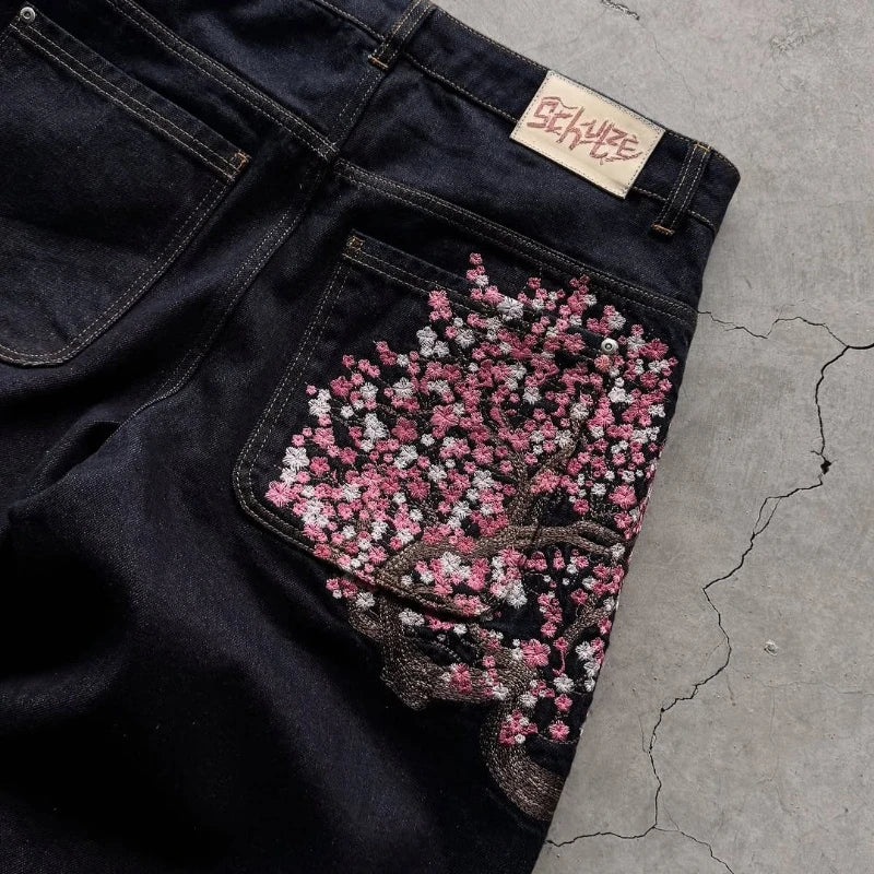 Y2K Harajuku jeans Goth vintage plum blossom embroidery pattern wide leg pants men women denim fabric American style street wear - Matrix Studios