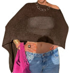 Combhasaki Women Knitwear Bikini Cover-up See-through Solid Off Shoulder Irregular Triangle Hem Loose Pullover Summer Beach Tops - Matrix Studios