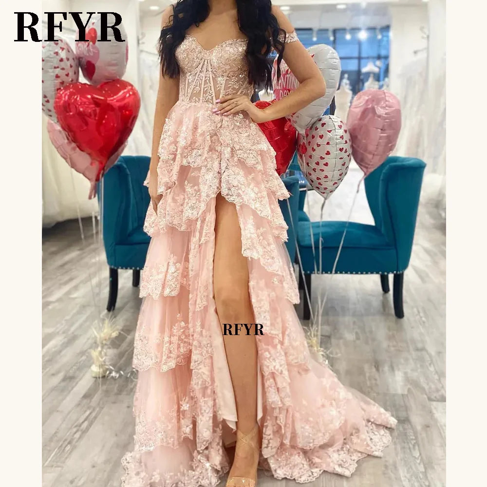 RFYR Puffy Evening Dress Off Shoulder Party Dresses Sweetheart Layered Prom Dress Appliques Evening Dress for Women Customized - Matrix Studios