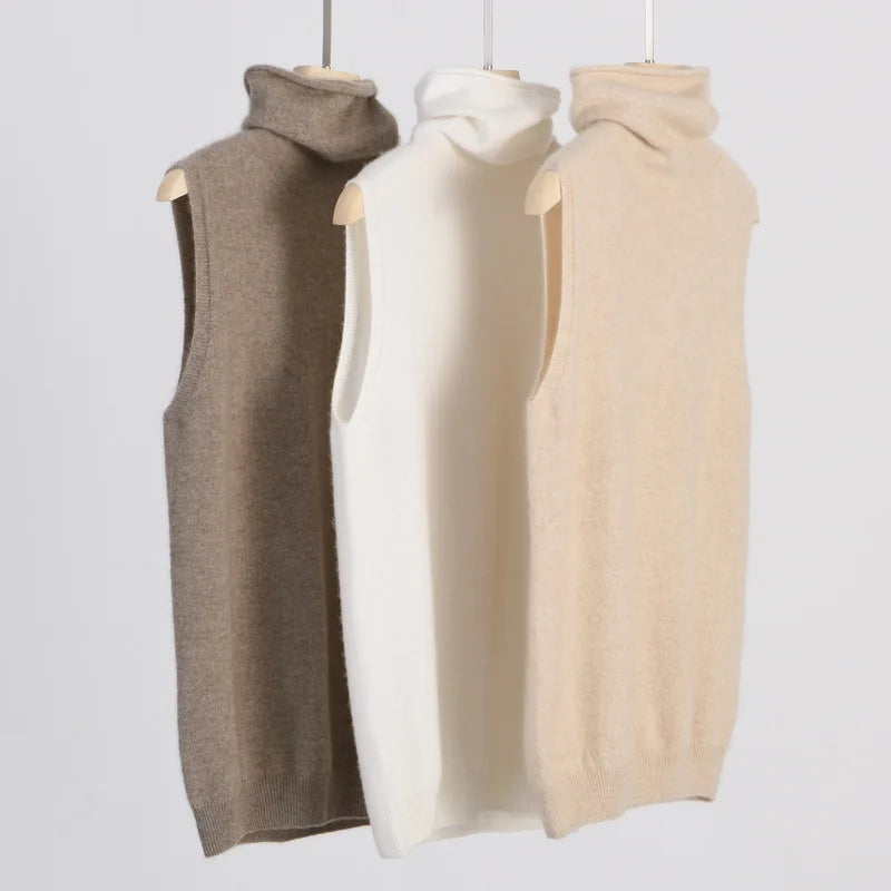 Women 100% Merino Wool Sleeveless Pullovers Turtleneck Sweater Waistcoat Wool Knitwear Spring Autumn Winter Fashion Vest Tops - Matrix Studios