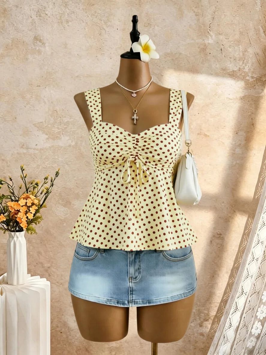 Women Sweetheart Neck Drawstring Ruched Peplum Cami Top Polka Dot Print Sleeveless Casual Camisole Outfit - Matrix-studios.com