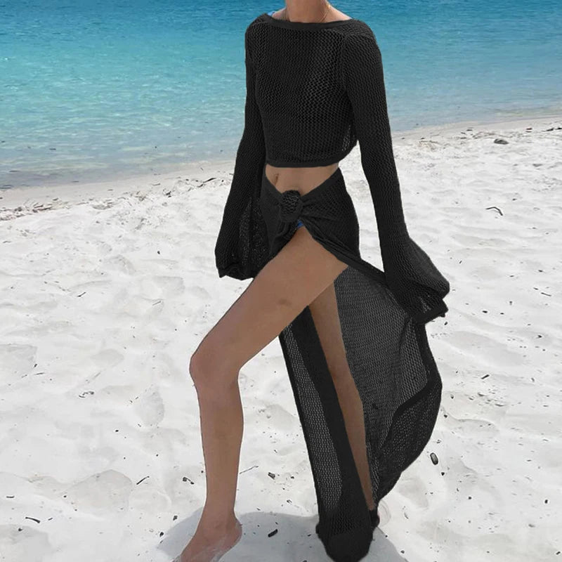 knitting Long Sleeve Bonds Top One piece Skirt Women Beach Vacation Bikini Cover Up Sun Bathing See-Through Sunscreen Smock - Matrix Studios