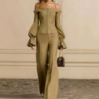 2 Piece Pants Set Women Solid Spaghetti Strap Lantern Sleeve Zip Slim Top Wide Leg Trousers Outfits Elegant Formal Office Suit - Matrix-studios.com