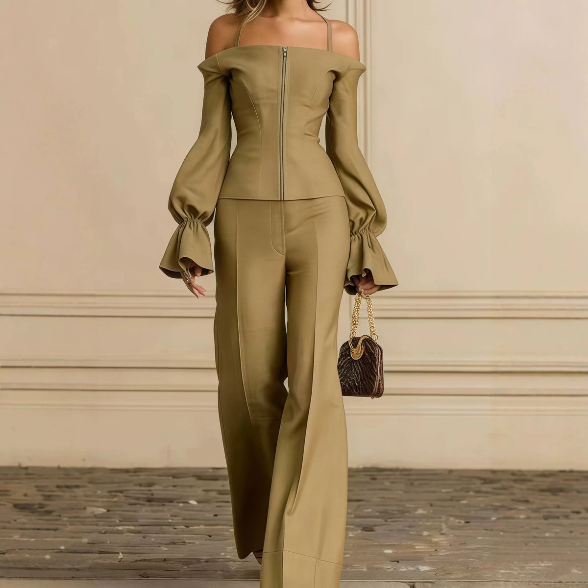 2 Piece Pants Set Women Solid Spaghetti Strap Lantern Sleeve Zip Slim Top Wide Leg Trousers Outfits Elegant Formal Office Suit - Matrix-studios.com