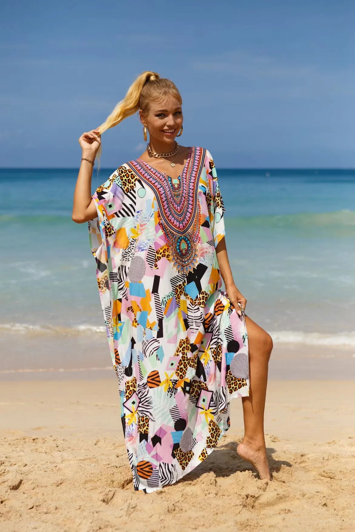 Kaftan Dresses Tropical Printed Cover Ups for Swimwear Women Elegant Maxi Robe Holiday Bathing Suits Dropshipping Hot Sales - Matrix Studios