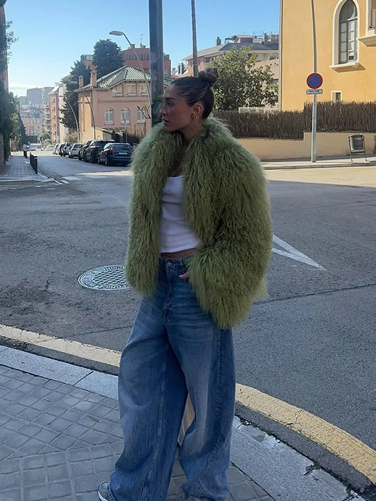 Solid Fluffy Woolen Faux Fur Jacket Women Fashion Turn Down Collar Long Sleeve Loose Coats Lady Winter Daily Street Outwears - Matrix Studios