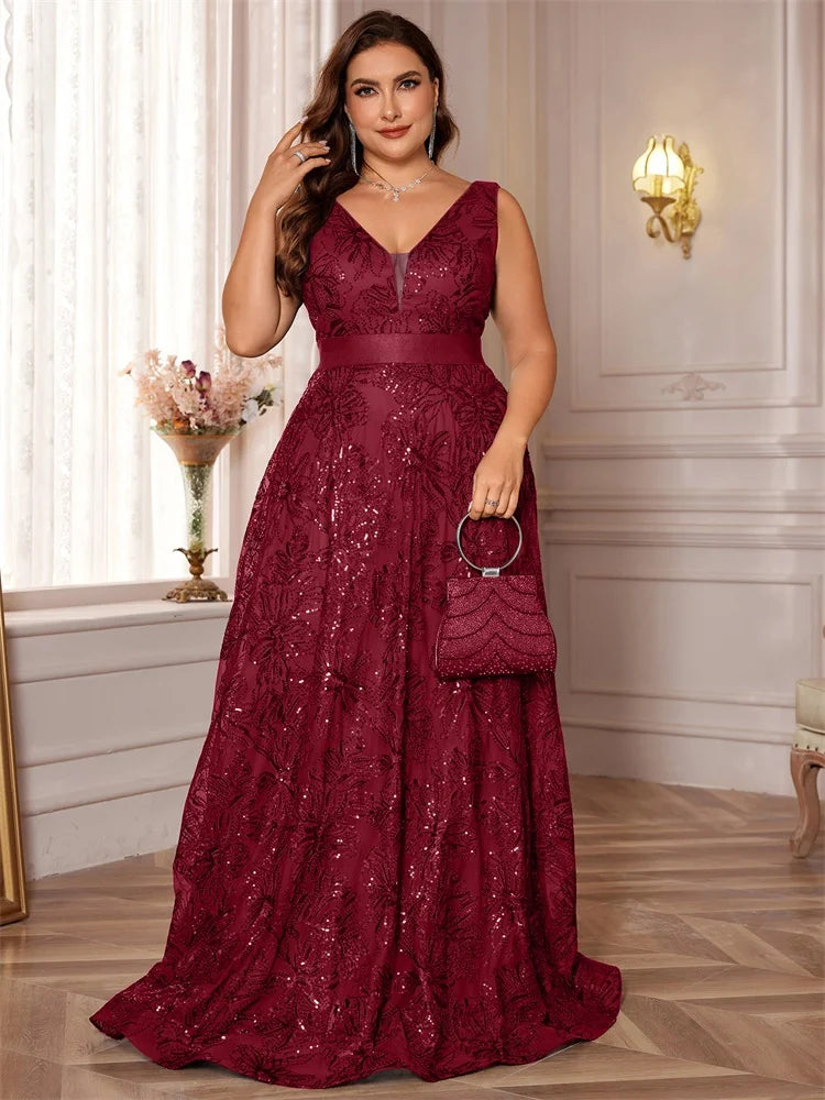 Plus Size Luxury Deep V-Neck Sequins Blue Evening Dress Women Elegant V-back Wedding Party Long Prom Cocktail Dresses - Matrix Studios