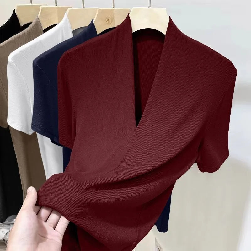 Threaded New Short Sleeved Top for Women Summer Fashion Versatile Base Shirt Plus Size Slim Fit V-neck T-shirt Casual and Sexy - Matrix-studios.com