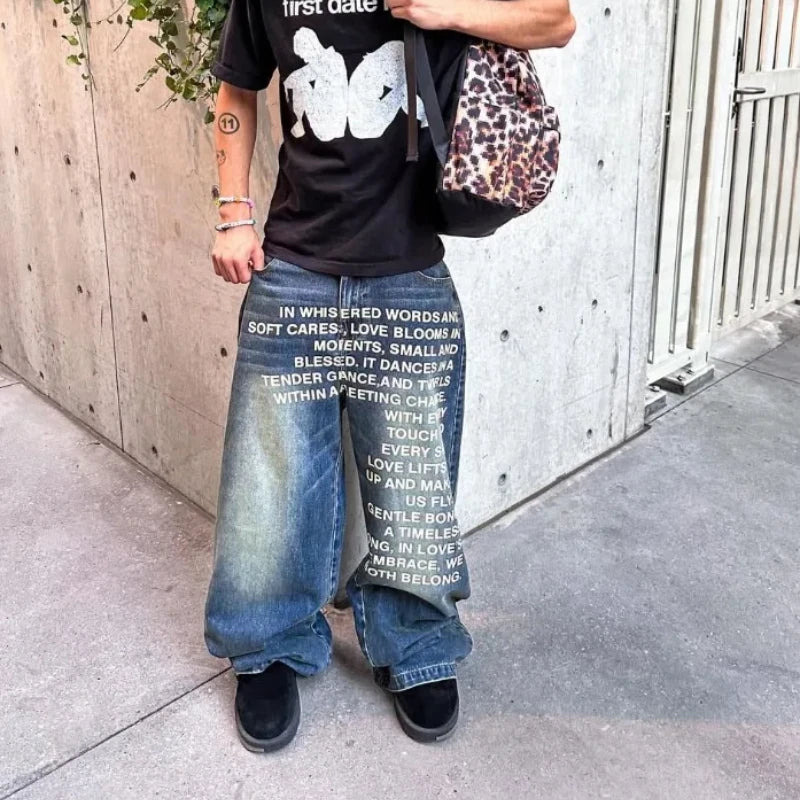 American Retro Patterned Alphabet Men Jeans Personalized Street Clothing Y2K Goth Men and Women Fashion Casual Pants - Matrix Studios