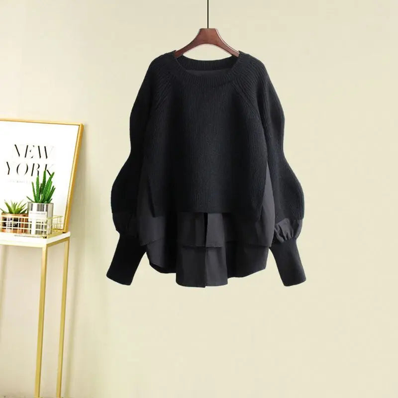 Women's Spring Autumn New Fashion Fake Two Piece Knit Sweater+Strap A-line Skirt Suit Korean Elegant Pullover Dress Matching Set - Matrix-studios.com