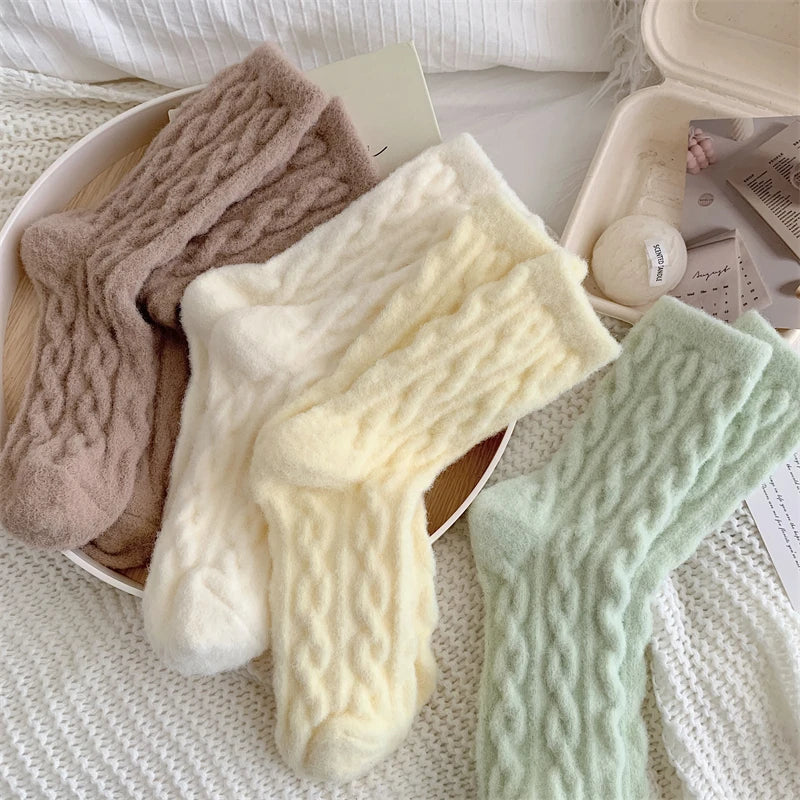 Warm Women's Socks New Winter Japanese Fashion Solid Color Fluffy Socks For Girls Home Thick Cute Floor Socks Kawaii Autumn Soft - Matrix Studios