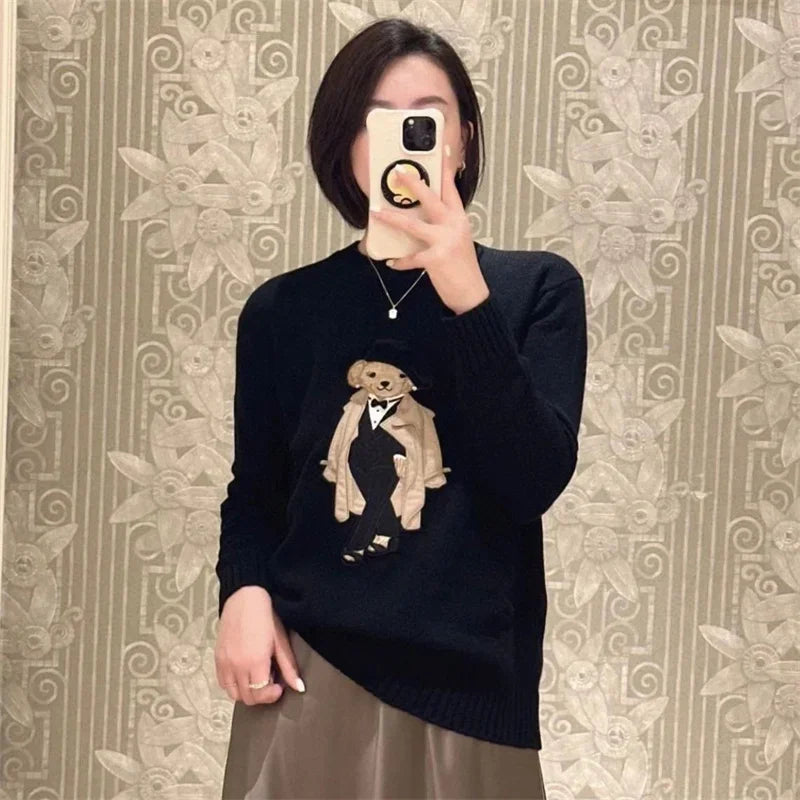New Autumn Preppy Student Cashmere Sweater Women Cartoon Bear Embroidered O-neck Long Sleeve Pullover Top Casual Knitwear - Matrix Studios