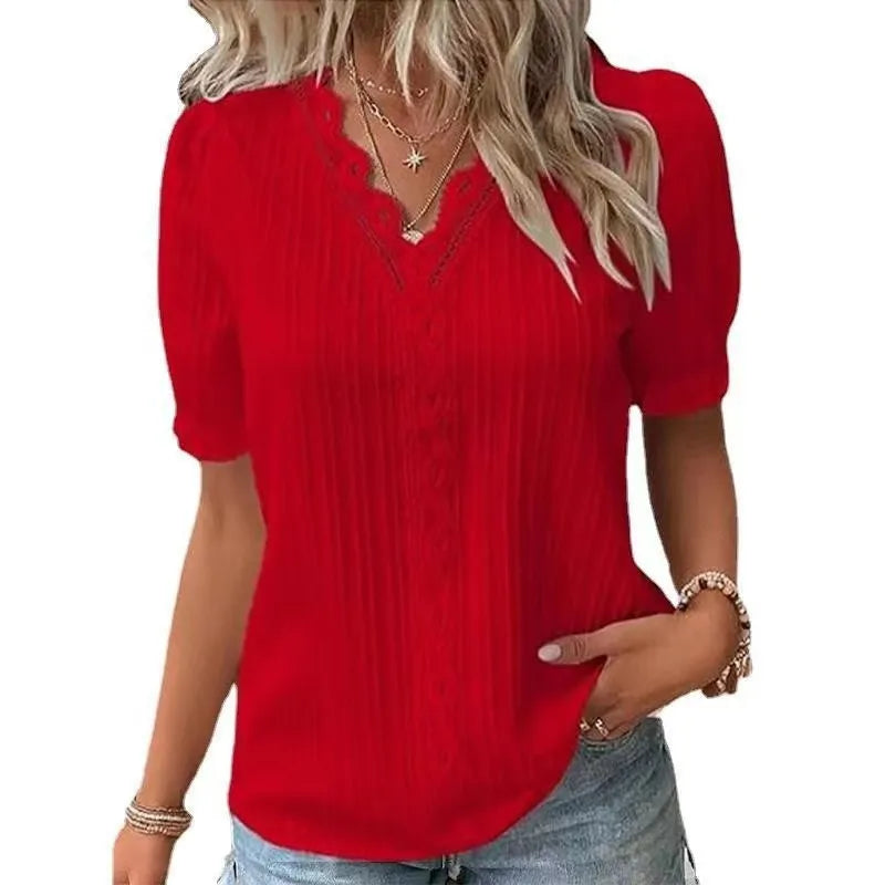 Women's Lace Stitching Shirt Summer Loose V Neck Short Sleeve Pullover Chiffon Shirt Solid Top Simple Elegant Street Blouse - Matrix-studios.com
