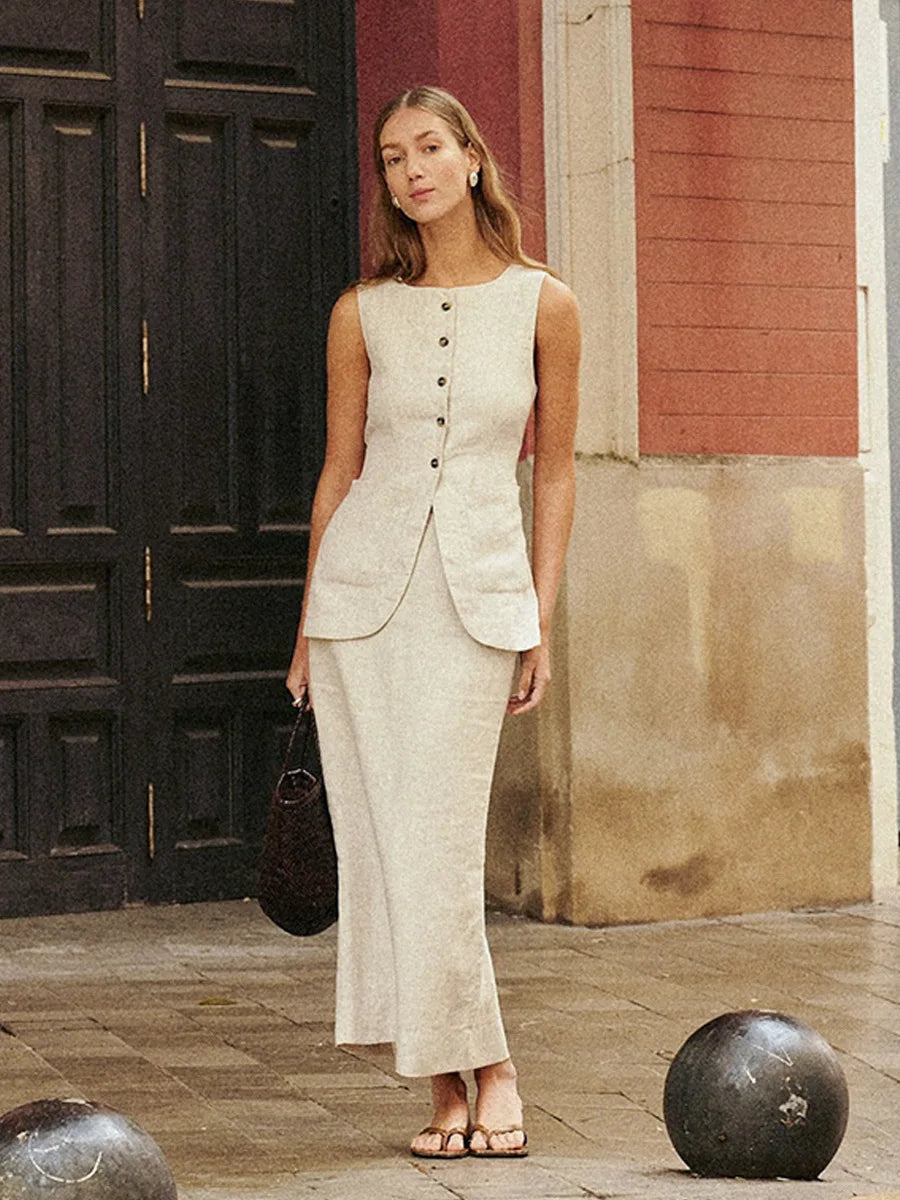 Bornladies Women's Sleeveless Vest High Waisted Skirt Set Spring Summer New Linen Casual Suit Fashion Office Lady Vest Set - Matrix-studios.com