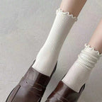 6/12 Pairs Women Solid Color Wavy Edge Mid Tube Socks Fashionable Sweet Style Breathable Comfortable Spring Summer Casual Socks - Matrix Studios