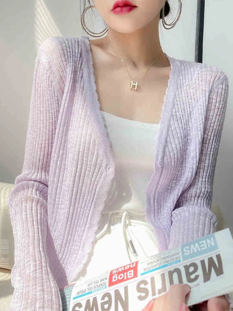 AOSSVIAO 2026 Spring Summer Ice Silk Knitted Thin Women's Cardigan French Style Sun Protection Shawl Sweater Coat Knit Crop Tops - Matrix Studios