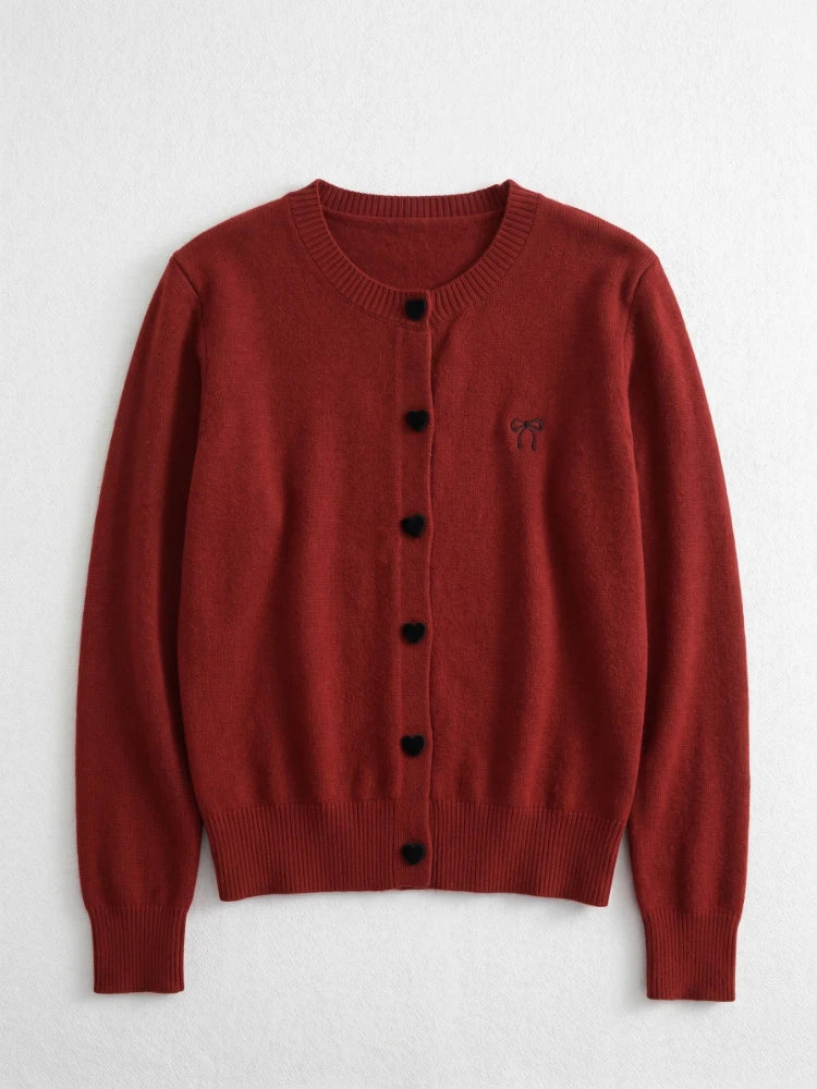 2026 Autumn O-Neck Single Breasted Heart Button Sweater Bow Embroidery Knitted Women Cardigan Korean Casual Tops Woman Clothes - Matrix Studios