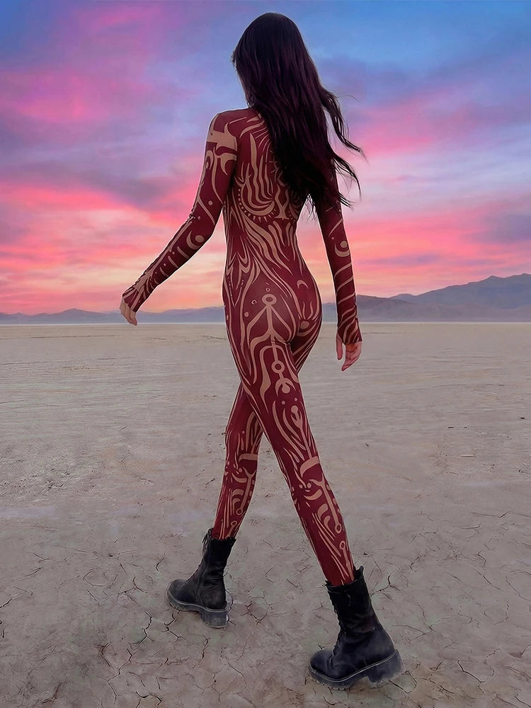 Weird Puss Sexy Striped Print Jumpsuits Women Wild Style Turtleneck Full Sleeve Midnight Party Club Stretch Streetwear Overalls - Matrix Studios