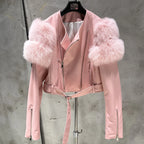 Leather Jacket Factory Ladies Short Leather Jacket Real Fox Fur Sleeve Coat Women Autumn 21001 - Matrix Studios