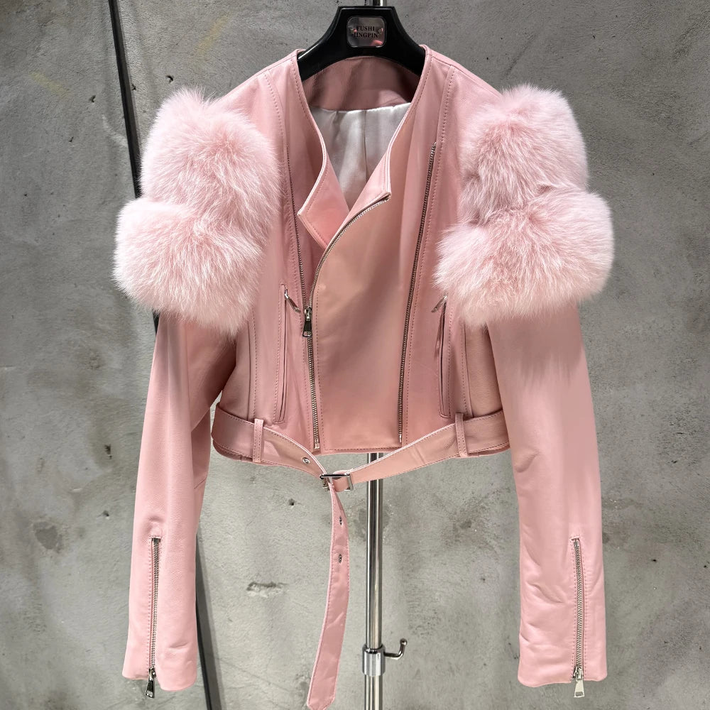 Leather Jacket Factory Ladies Short Leather Jacket Real Fox Fur Sleeve Coat Women Autumn 21001 - Matrix Studios