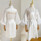 White Bride Wedding Robe with Feathers Women Satin Peignoir Sexy Bridesmids Kimono Gowns Short Bathrobe Bridal Intimate Lingerie - Matrix-studios.com