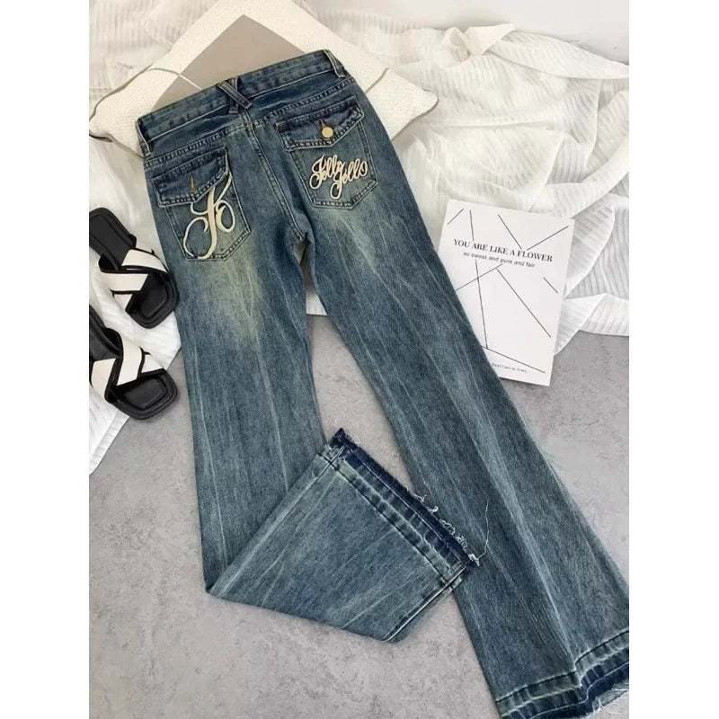 American retro low-waisted jeans female autumn new embroidery old casual fashion temperament slim Joker bell bottoms. - Matrix-studios.com