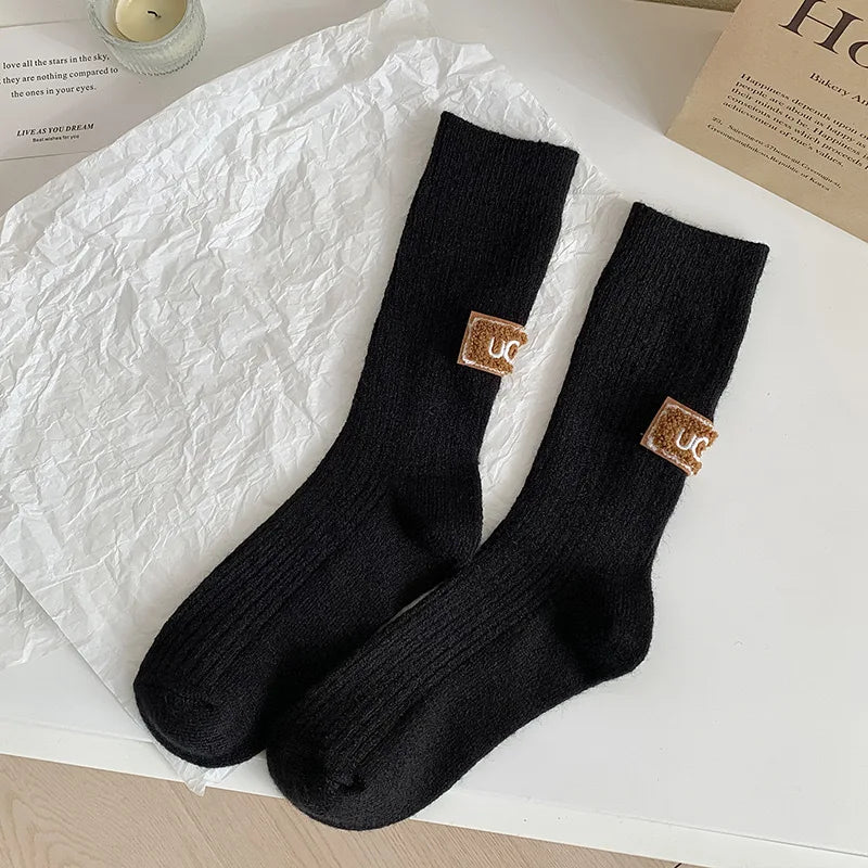 5/10 Pairs Socks Women Luxury Designer Cashmere Wool Sock Solid Warm Thick Pile Embroidered Logo Mid-Calf female Snow Boot Socks - Matrix Studios