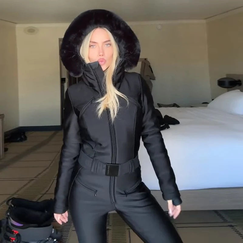 Fashion Hooded Ski Jumpsuit Women Faux Fur Patchwork Zippers Pocket With Belt High Wait Skiing Jumpsuits 2026 Winter Romper Lady - Matrix Studios