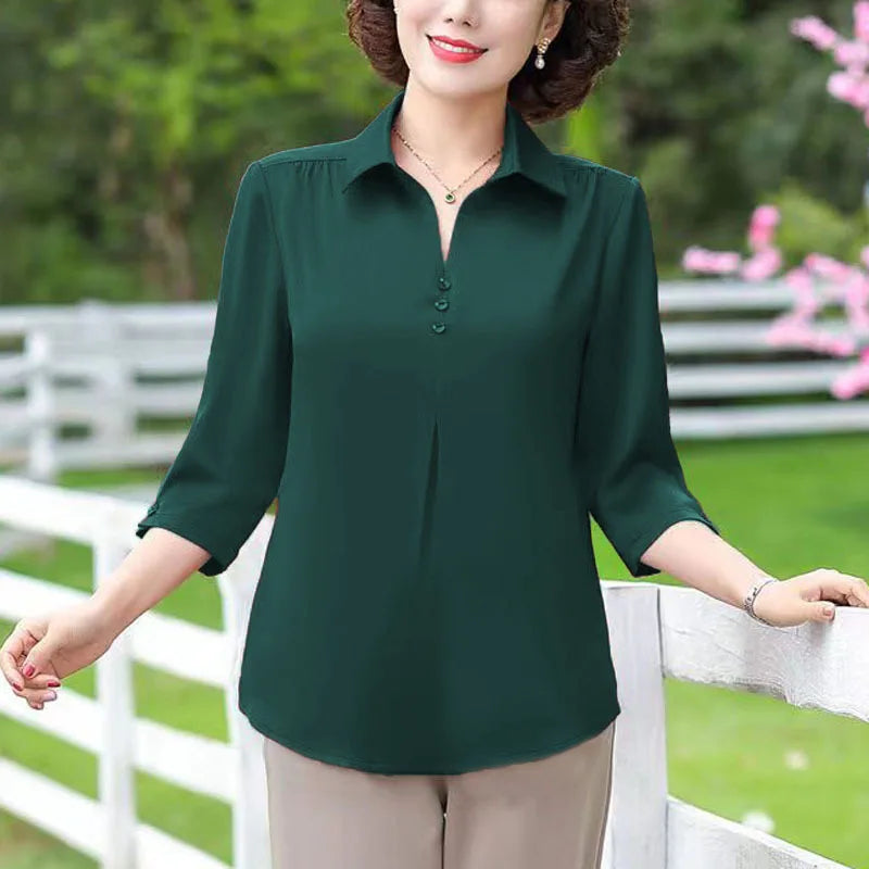 1pcs Woman Summer Solid Blouses Shirt Lady Thin Pullover Shirt Female Casual Half Sleeve Turn-down Collar Loose Top Mom Clothing - Matrix-studios.com
