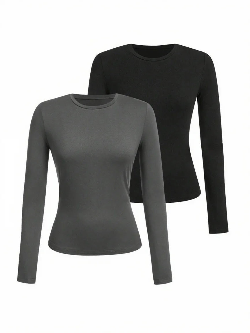 Women's solid-color long-sleeved T-shirt - Polyester knitted fabric, round neck, regular fit, fall-winter style - Matrix-studios.com