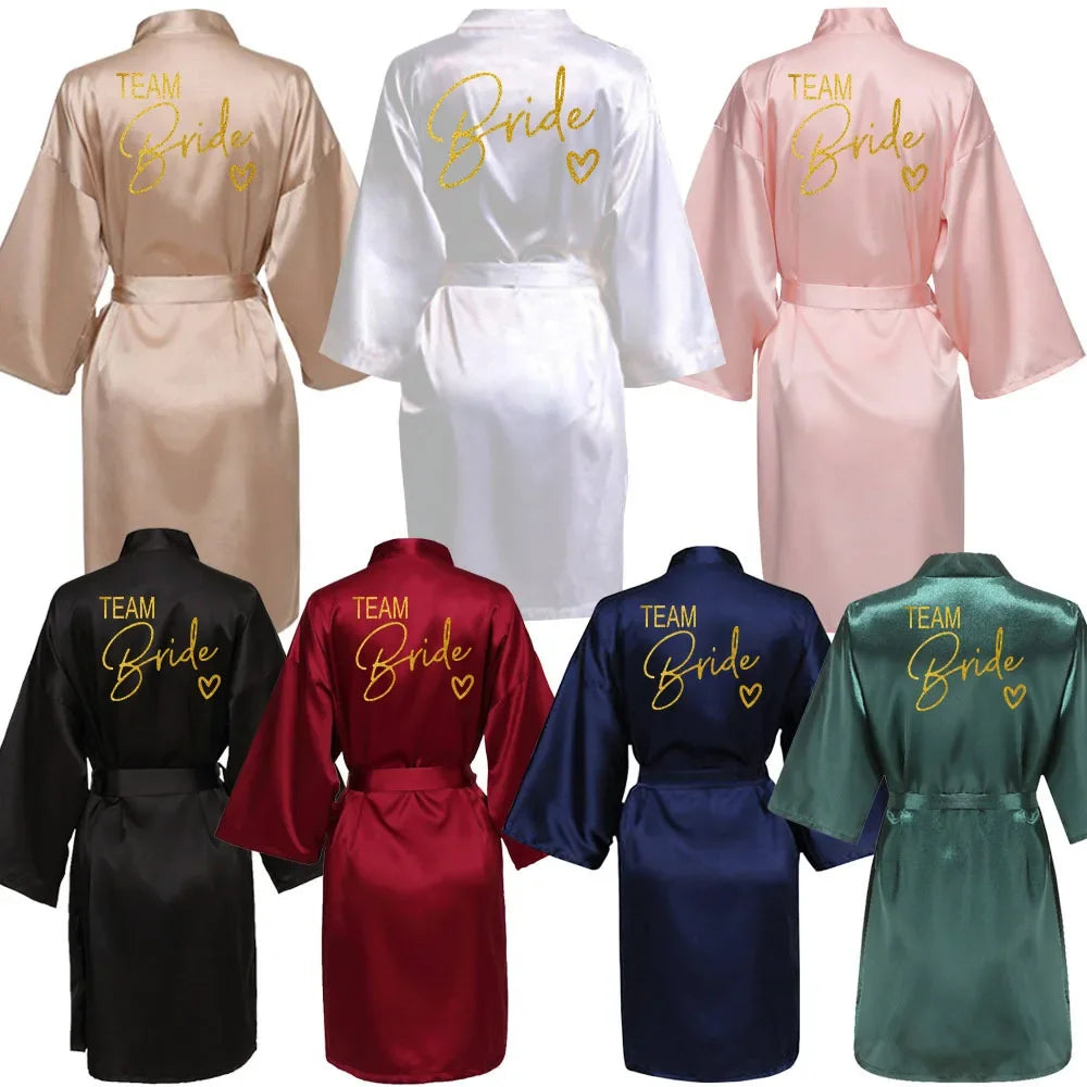 Wedding Party Team Bride Robe Kimono Satin Pajamas Bridesmaid Bathrobe Gold Letter SP089 - Matrix-studios.com
