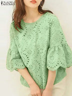 ZANZEA Fashion Summer 3/4 Sleeve Hollow Out Blouse Women Elegant Lace Crochet Tops Casual Loose Embroidery Shirt Work Blusas - Matrix-studios.com