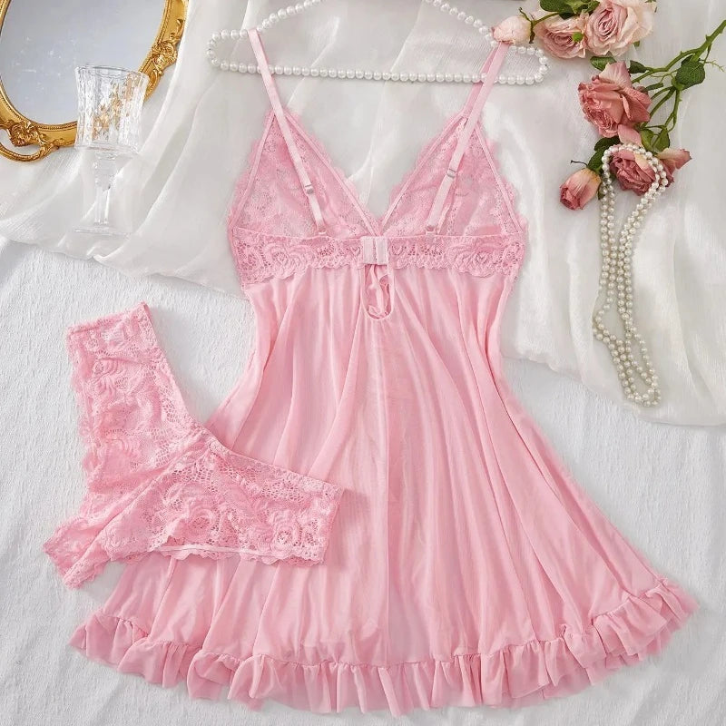 Sexy Lingerie Set Women Erotic Bra Nightdress Sexy Lace Sleepwear Solid Slim Soft Dresses V Neck Full Slip Sleepwear & Dresses - Matrix-studios.com