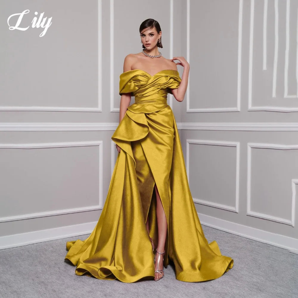 Lily Red Elegant Prom Gown V-Neck Off the Shoulder Party Dress for Woman Satin Pleating Side Split Evening Dresses Customized - Matrix-studios.com