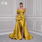 Lily Red Elegant Prom Gown V-Neck Off the Shoulder Party Dress for Woman Satin Pleating Side Split Evening Dresses Customized - Matrix-studios.com