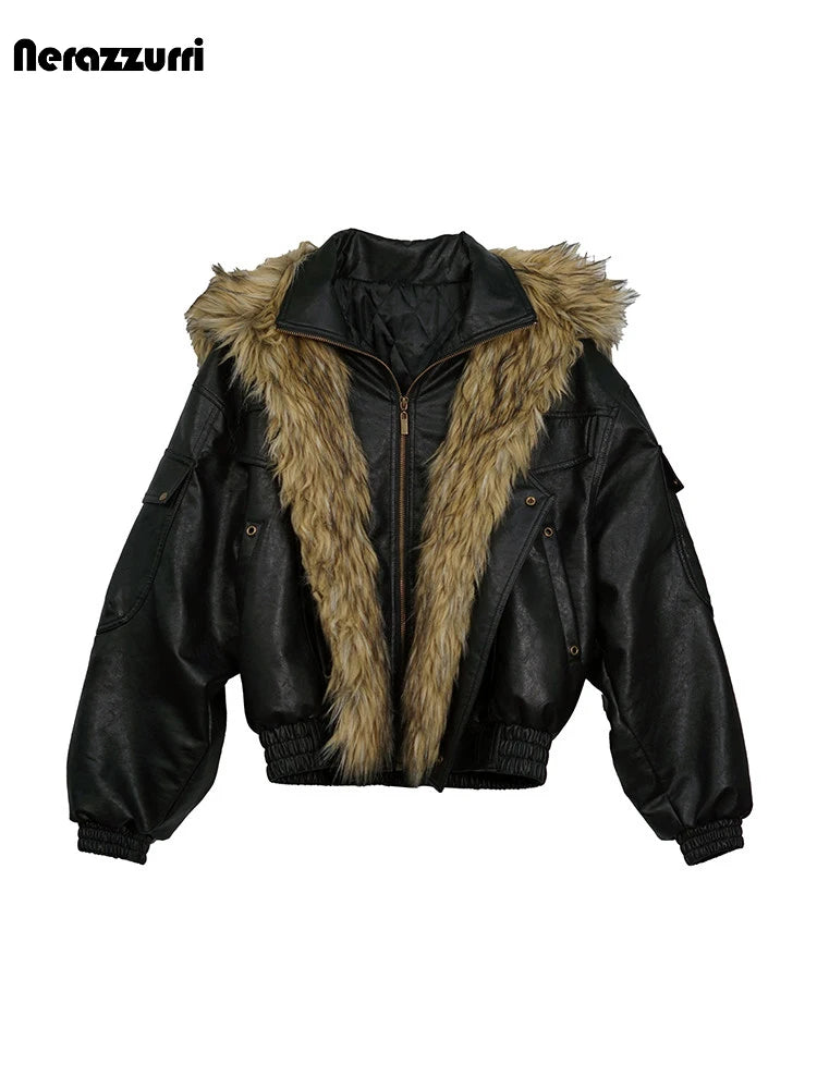 Nerazzurri Autumn Winter Loose Casual Quilted Warm Pu Leather Jacket Women with Detachable Faux Fur Collar Luxury Unisex Clothes - Matrix Studios