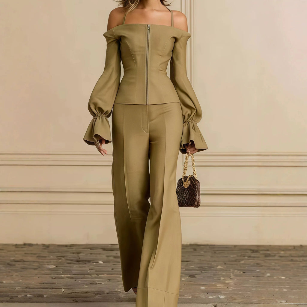 2 Piece Pants Set Women Solid Spaghetti Strap Lantern Sleeve Zip Slim Top Wide Leg Trousers Outfits Elegant Formal Office Suit - Matrix-studios.com