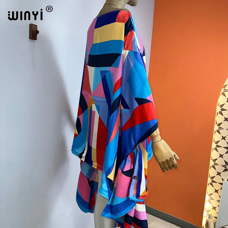 WINYI Women Summer Fashion Evening Party Beachwear Kuwait Bohemian Abaya Kaftan Puff Sleeve Sexy Elegant Beach Cover Up Dress - Matrix Studios