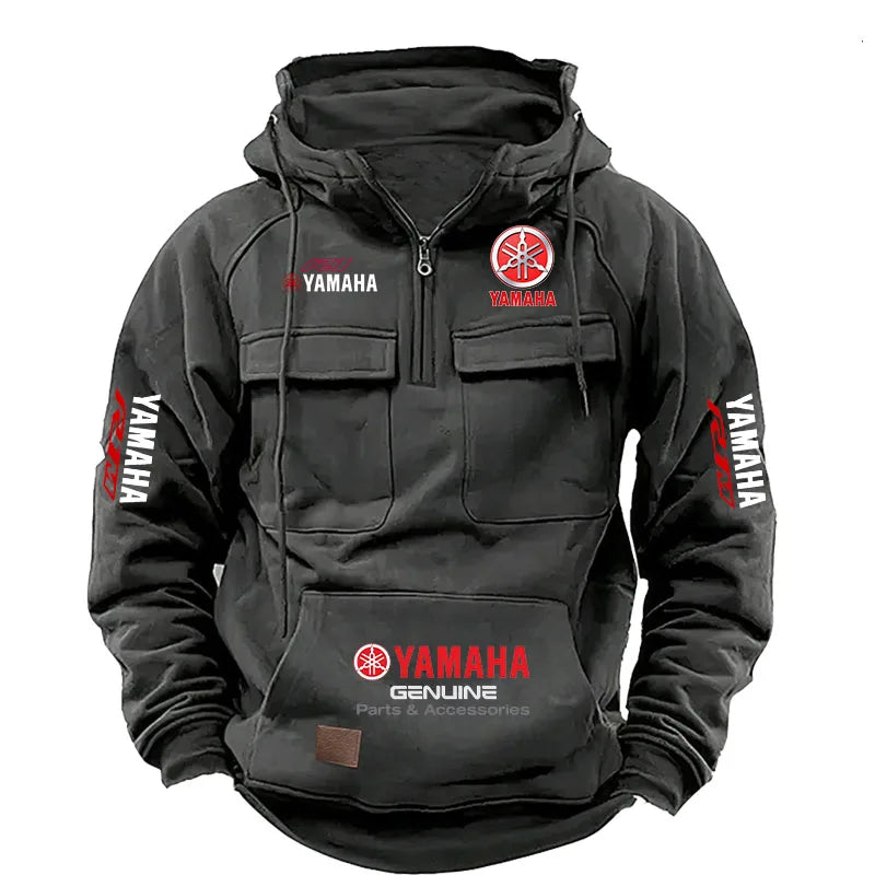 2026 New YAMAHA Logo Motorcycle Racing Race Retro Velvet Half Zipper Hoodie Men's Multi Pocket Autumn/Winter Casual Sweatshirt - Matrix Studios