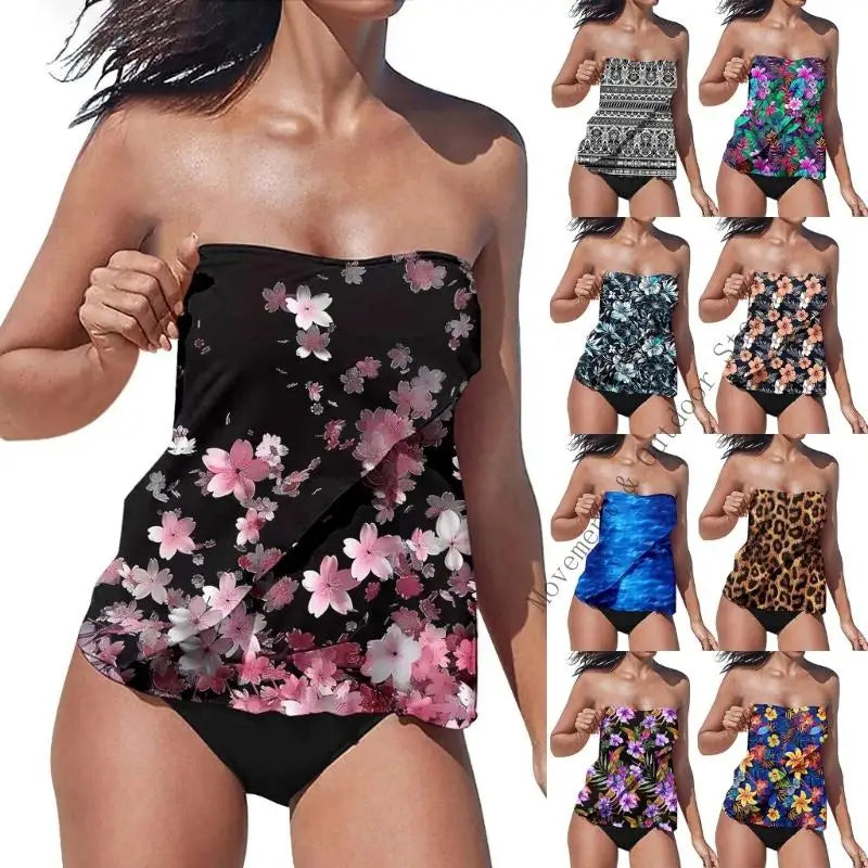 Strapless Tankini Swimsuits for Women 2 Piece Bathing Suits Bandeau Blouson Swim Top with Bottom - Matrix-studios.com