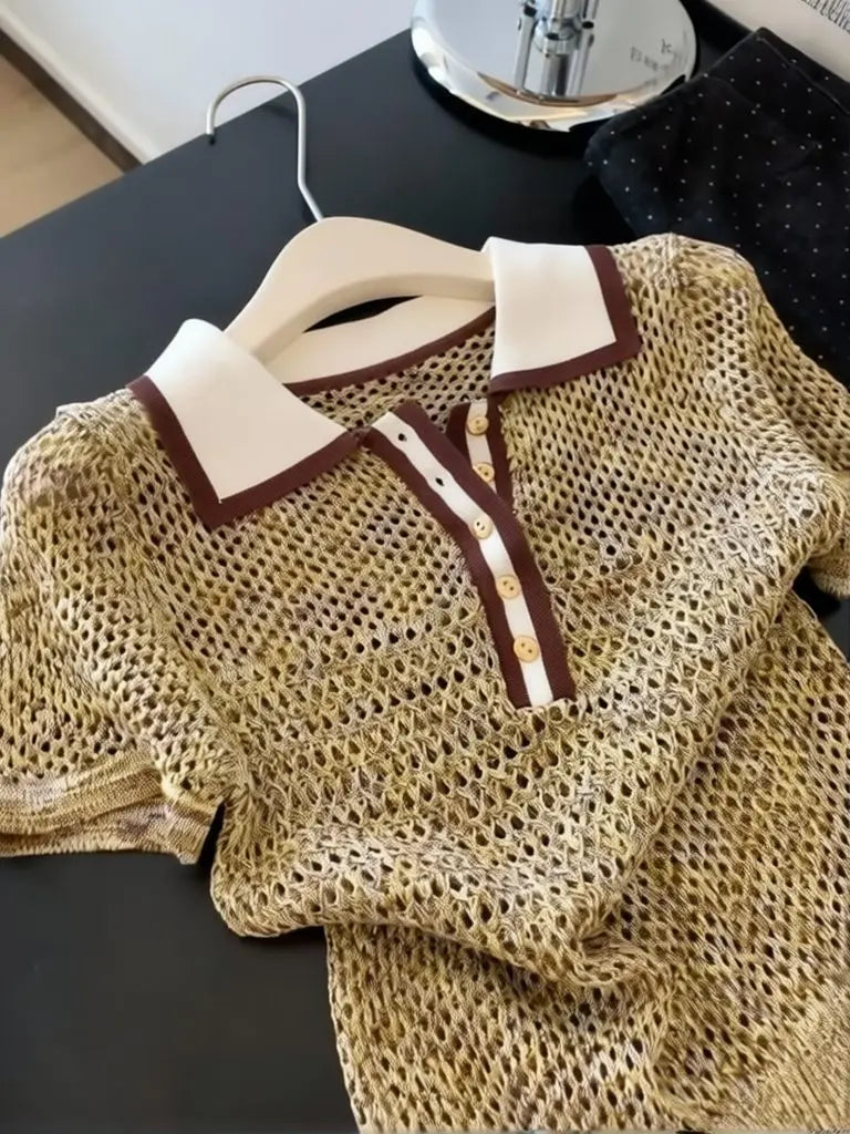 Vintage 2000s Shiny Knit Short Sleeve Tee Women Polo Neck Summer Tops Brown Hollow out Knitwear Lady Clothes Casual T-shirt - Matrix-studios.com