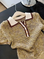 Vintage 2000s Shiny Knit Short Sleeve Tee Women Polo Neck Summer Tops Brown Hollow out Knitwear Lady Clothes Casual T-shirt - Matrix-studios.com