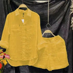Summer Cotton Linen Casual Home 2 Piece Set For Women 2024 Fashion White Long Sleeve Shirt And Shorts Two Piece Sets Tracksuit - Matrix-studios.com